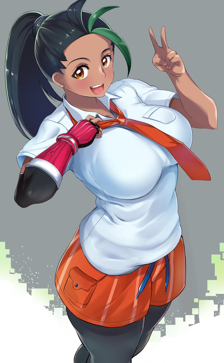 1girl, breasts, freckles, gloves, large_breasts, maki_ikazuya, multicolored_hair, necktie