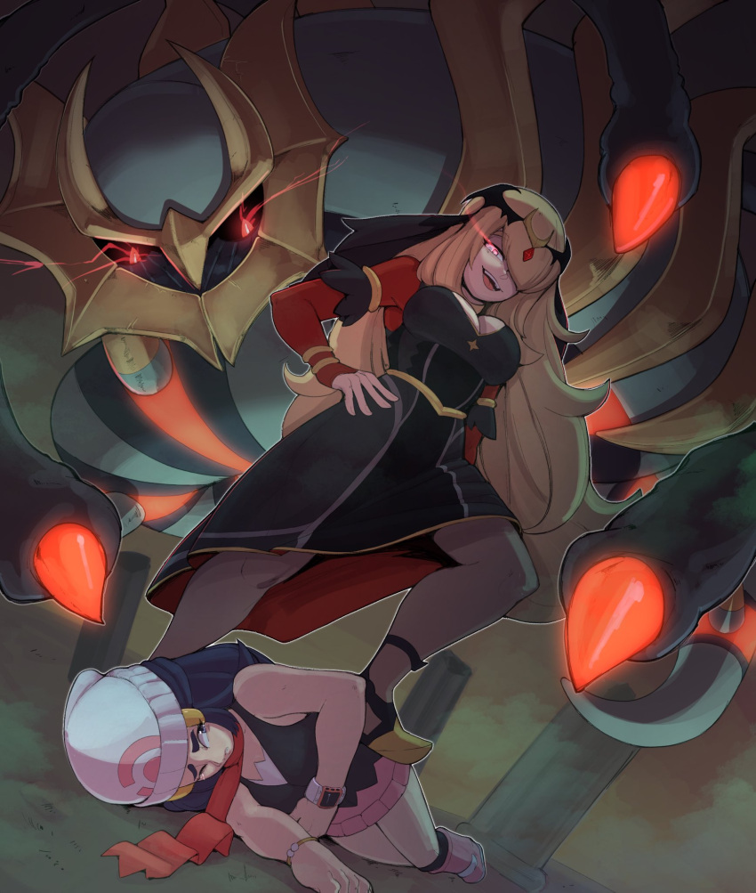 2girls, beanie, black_hair, blonde_hair, cynthia_(pokemon), defeat, dress, evil_smile, giratina, giratina_(origin), glowing, glowing_eyes, hands_on_hips, hat, highres, hikari_(pokemon), multiple_girls, nudiedoodles, official_alternate_costume, open_mouth, pillar, pink_skirt, pokemon, pokemon_(creature), pokemon_(game), pokemon_dppt, pokemon_masters_ex, red_eyes, red_scarf, scarf, skirt, smile, stepped_on, tentacles, tiara