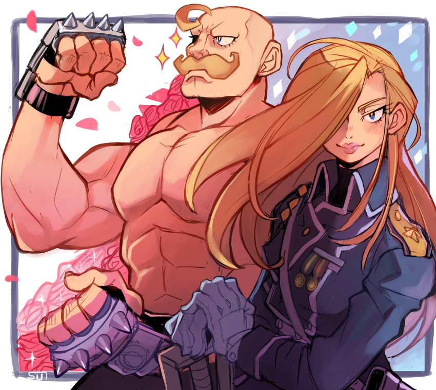 1boy, 1girl, ahoge, alex_louis_armstrong, bald, blonde_hair, blue_coat, blue_eyes