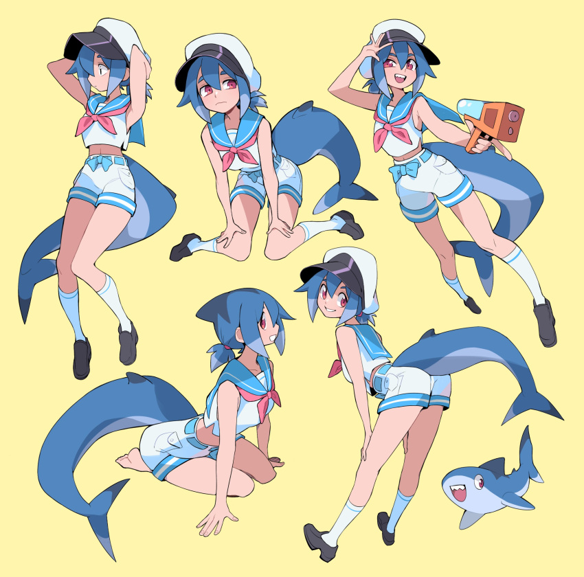 1girl, absurdres, azuumori, belt, black_footwear, blue_belt, blue_sailor_collar, fish_tail