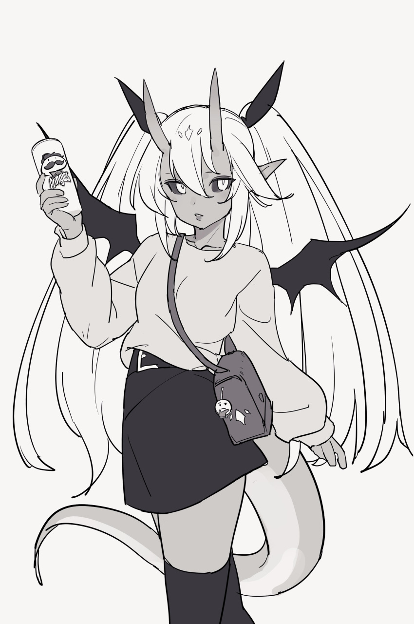 1girl, absurdres, bag, belt, black_sclera, bow, colored_sclera, demon_girl