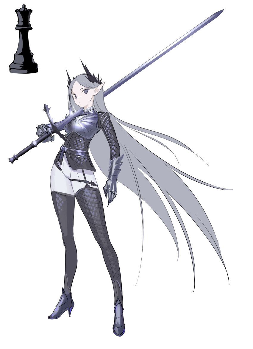 1girl, absurdres, armor, breastplate, chess_piece, closed_mouth, contrapposto, crown