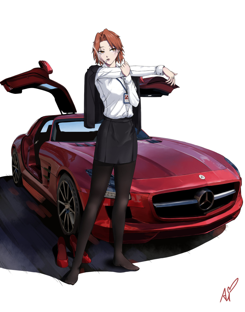 1girl, absurdres, artist_request, black_legwear, brown_hair, car, character_request, cigarette