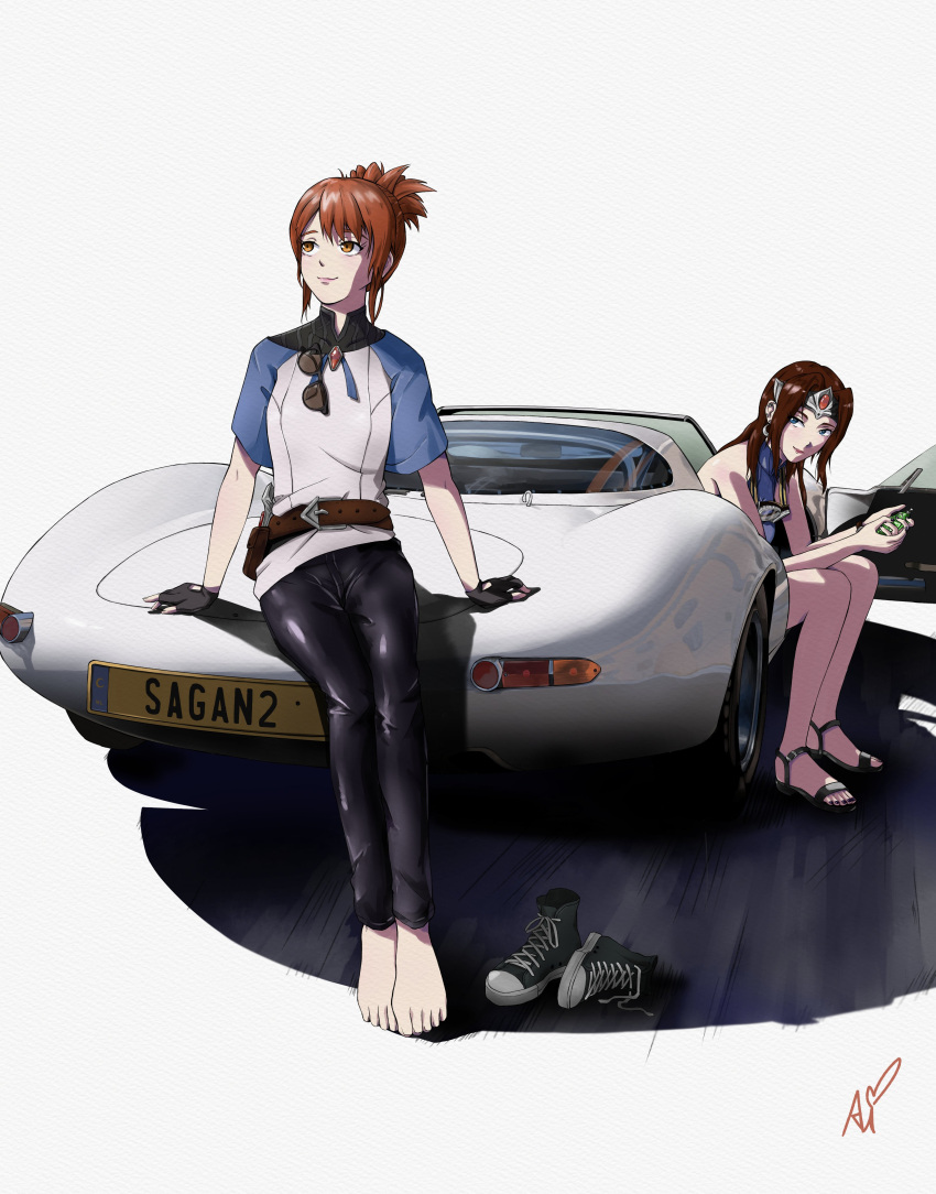 2girls, absurdres, aishiteiruyo, converse, dota_(series), dota_2, goggles, highres, jaguar, jaguar_xj13, marci_(dota), mirana_nightshade, multiple_girls, sunglasses, tiara