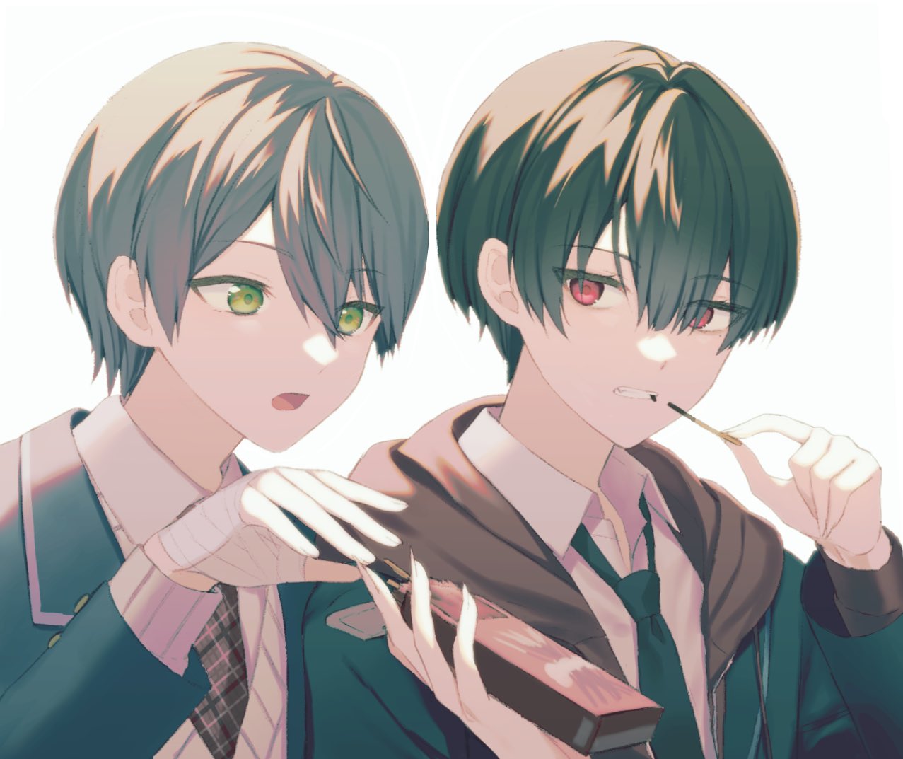 2boys, bandaged_hand, bandages, biting, black_hair, blazer, food, green_eyes