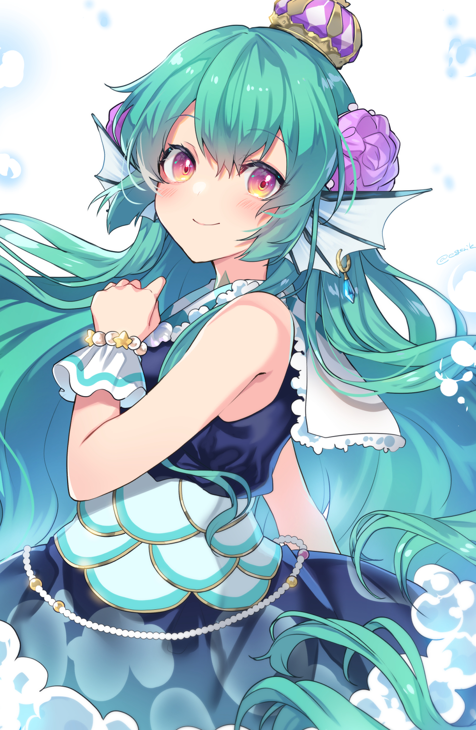 1girl, black_shirt, black_skirt, blue_skirt, blush, closed_mouth, commentary_request, crown, fin_piercing, finana_ryugu, fish_girl, flower, from_side, green_hair, hair_flower, hair_ornament, head_fins, highres, kgr, long_hair, mini_crown, nijisanji, nijisanji_en, pleated_skirt, purple_flower, purple_rose, rose, shirt, skirt, sleeveless, sleeveless_shirt, smile, solo, very_long_hair, violet_eyes, virtual_youtuber, white_background, wrist_cuffs