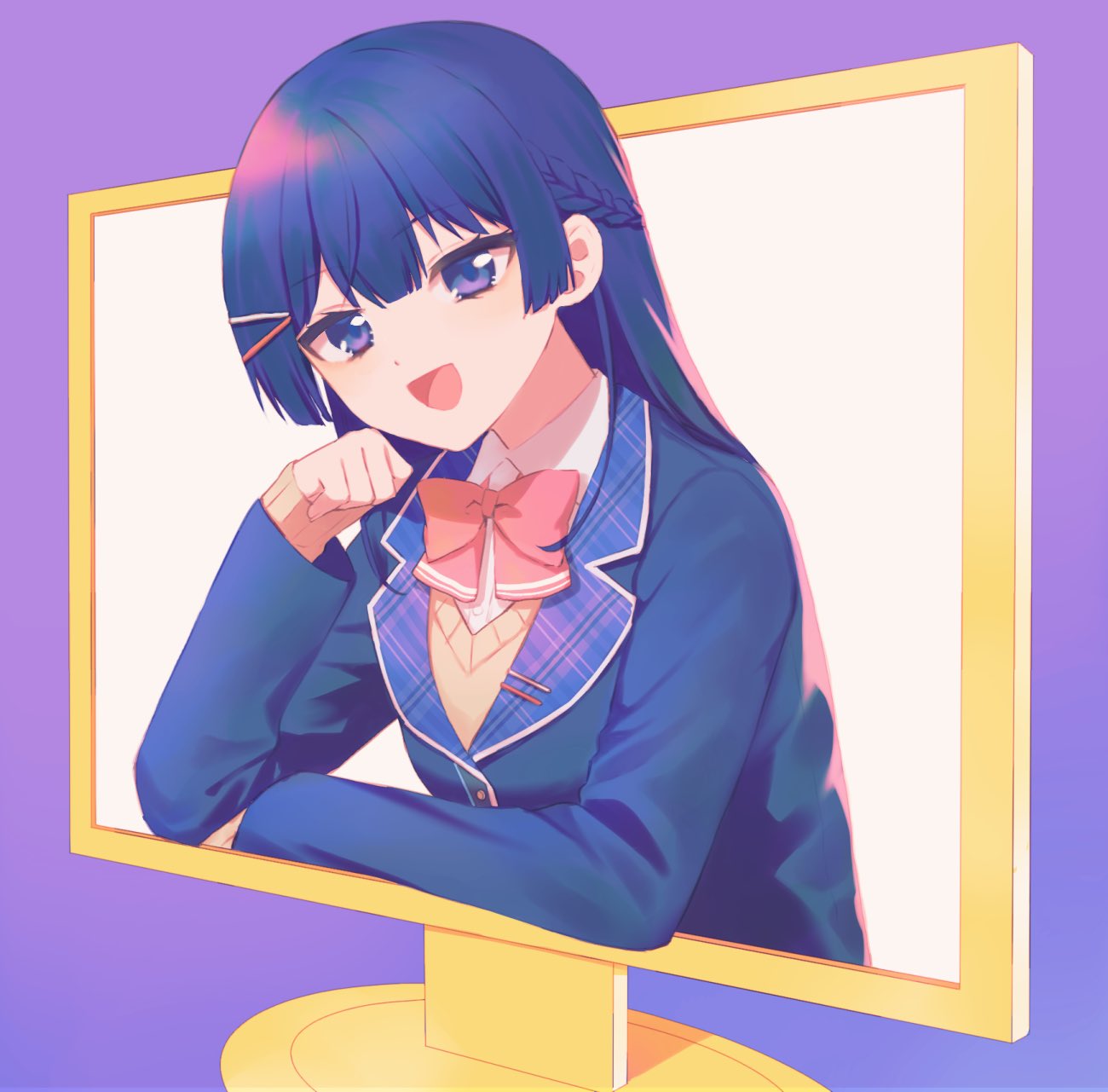 accessories, bangs, black_hair, blazer, bow, collared_shirt, dress_shirt, head_tilt