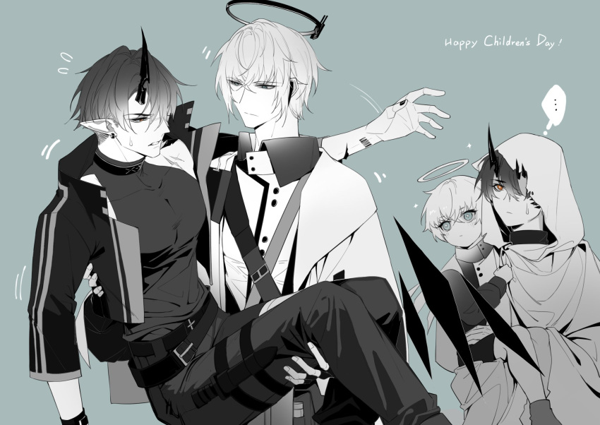 2boys, arknights, barcode, black_hair, black_shirt, carrying, cowboy_shot, executor_(arknights)