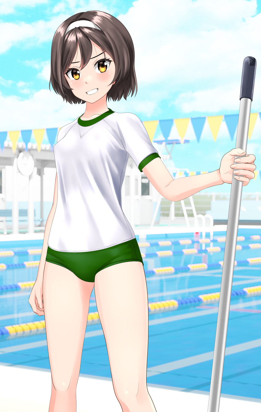 1girl, absurdres, black_hair, blue_sky, buruma, clouds, commentary_request, cowboy_shot, day, fantia_commission, feet_out_of_frame, green_buruma, grin, gym_shirt, gym_uniform, hairband, highres, kantai_collection, lane_line, looking_at_viewer, mop, outdoors, pool, shirt, short_hair, sky, smile, solo, string_of_flags, t-shirt, takafumi, tanikaze_(kancolle), white_hairband, white_shirt, yellow_eyes