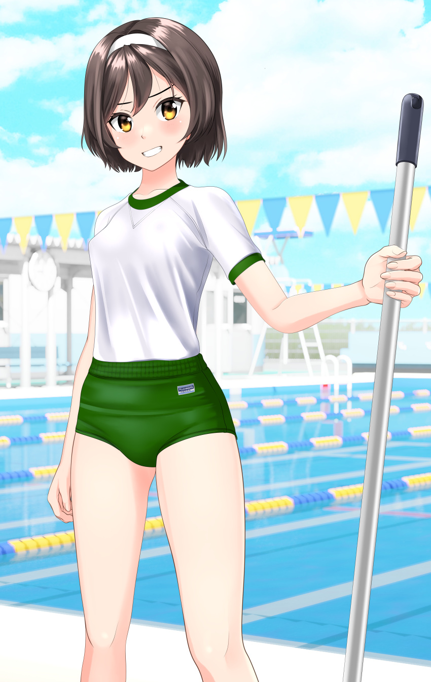 1girl, absurdres, black_hair, blue_sky, buruma, clouds, commentary_request, cowboy_shot, day, fantia_commission, feet_out_of_frame, green_buruma, grin, gym_shirt, gym_uniform, hairband, highres, kantai_collection, lane_line, looking_at_viewer, mop, outdoors, pool, shirt, short_hair, sky, smile, solo, string_of_flags, t-shirt, takafumi, tanikaze_(kancolle), white_hairband, white_shirt, yellow_eyes