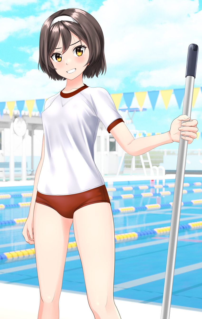 1girl, absurdres, black_hair, blue_sky, buruma, clouds, commentary_request, cowboy_shot