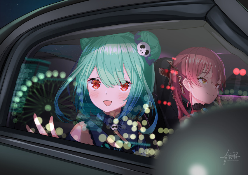2girls, car, car_interior, city_lights, commentary_request, double_bun, driving, eyebrows_visible_through_hair