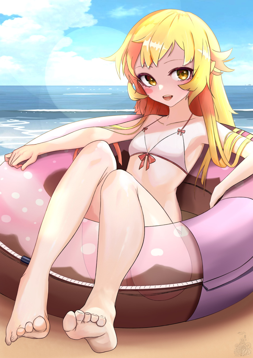 1girl, absurdres, bakemonogatari, beach, bikini, blonde_hair, blush_stickers, breasts