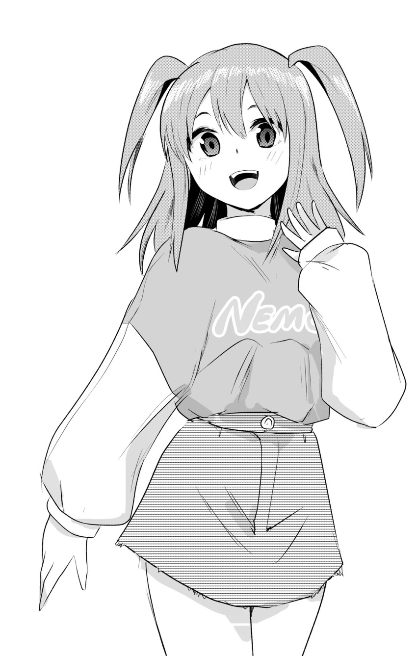 1girl, :d, blush, casual, character_name, clothes_writing, commentary_request, denim