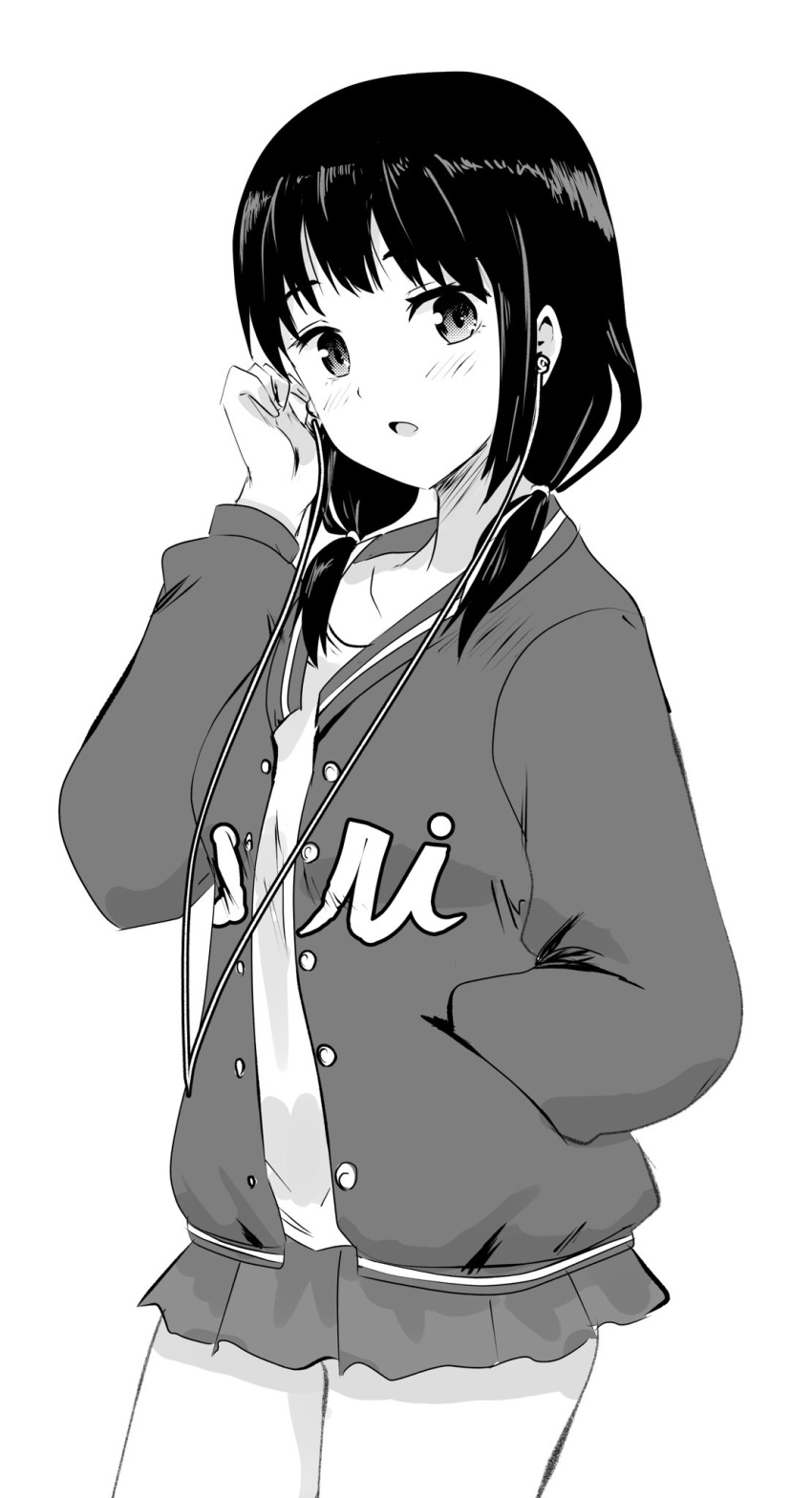 1girl, bangs, blush, casual, clothes_writing, cursive, earphones, grey_background