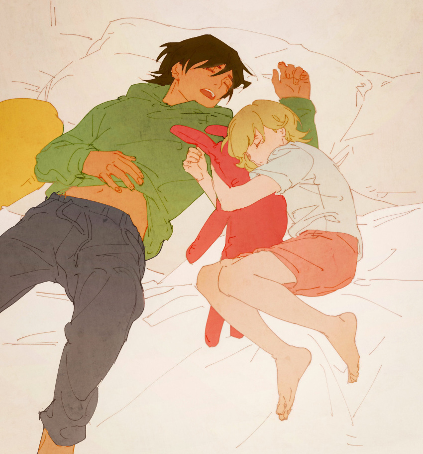 2boys, absurdres, bare_legs, barefoot, barnaby_brooks_jr., black_hair, black_pants, character_request