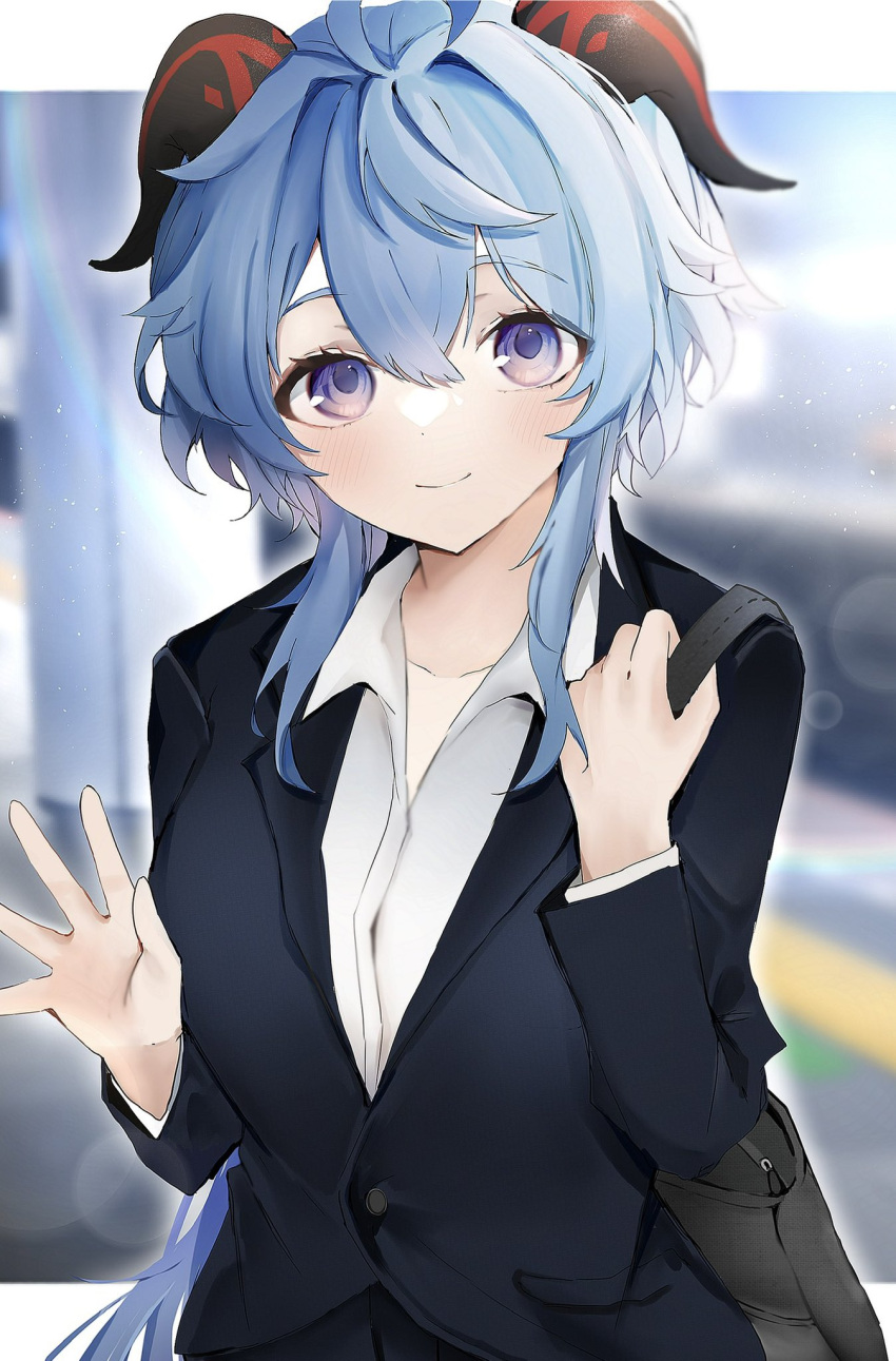 1girl, ahoge, bag, bangs, blue_hair, blush, business_suit, collarbone