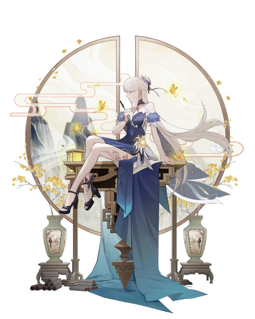 1girl, absurdres, amphycion, bangs, bare_shoulders, black_footwear, blonde_hair, blue_dress, bracelet, bug, butterfly, chinese_commentary, closed_eyes, commentary_request, detached_sleeves, dress, egasumi, from_side, full_body, genshin_impact, glowing_butterfly, hair_bun, hair_ribbon, halter_dress, halterneck, high_heels, highres, holding, holding_smoking_pipe, jewelry, kiseru, lamp, leg_tattoo, long_hair, mountain, ningguang_(genshin_impact), ningguang_(orchid's_evening_gown)_(genshin_impact), official_alternate_costume, profile, ribbon, sitting, smoking_pipe, solo, tattoo, vase, vision_(genshin_impact), white_background