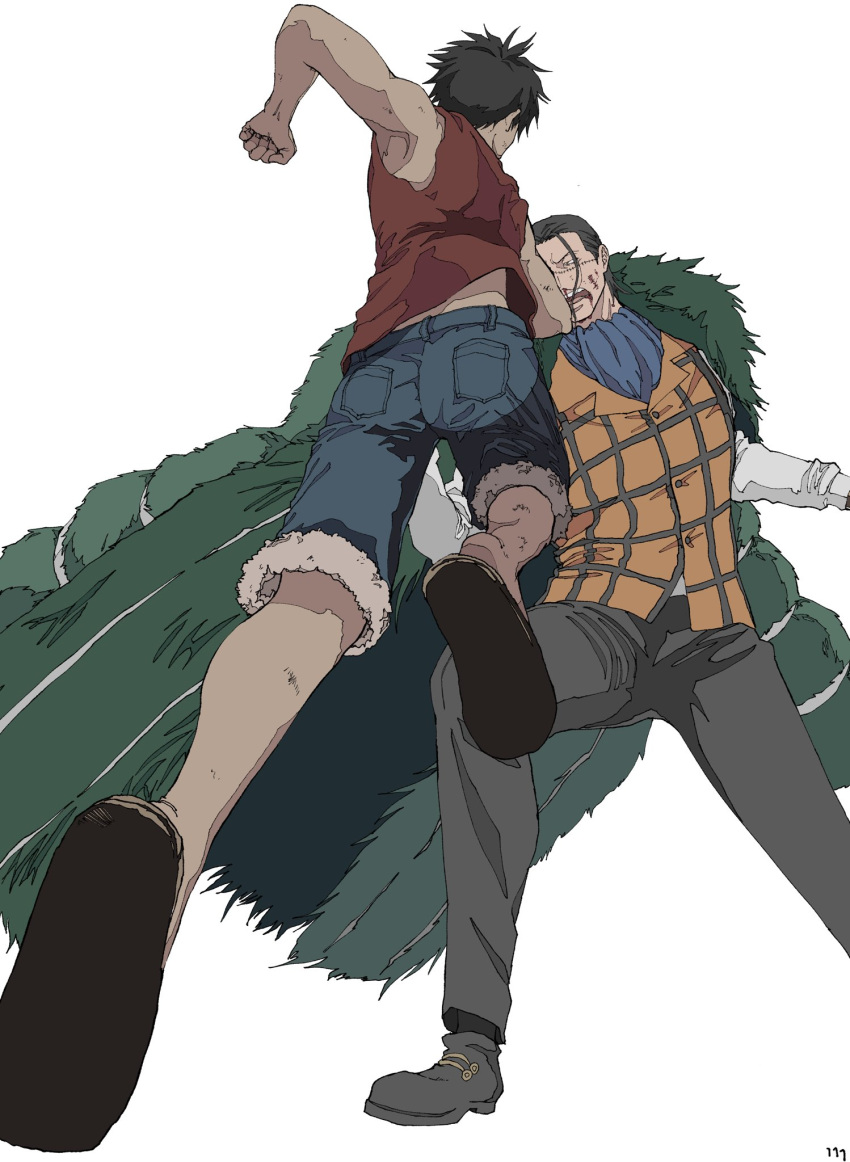 2boys, black_hair, clenched_hands, clenched_teeth, coat, coat_on_shoulders, crocodile_(one_piece), fighting