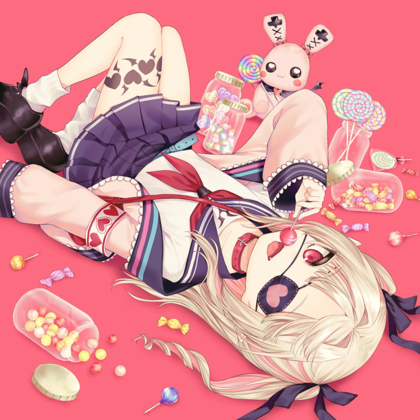 1girl, blonde_hair, candy, choker, eyepatch, food, highres, jacket
