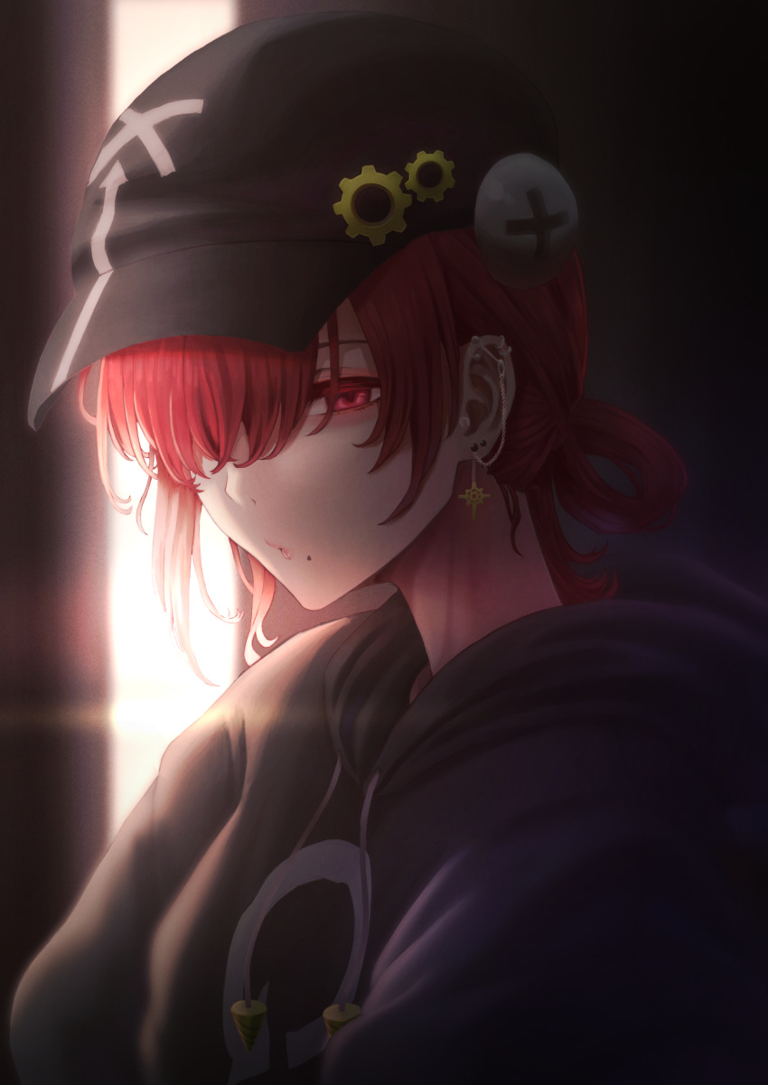 1girl, absurdres, aderi1020, bangs, black_headwear, black_hoodie, closed_mouth, commentary_request