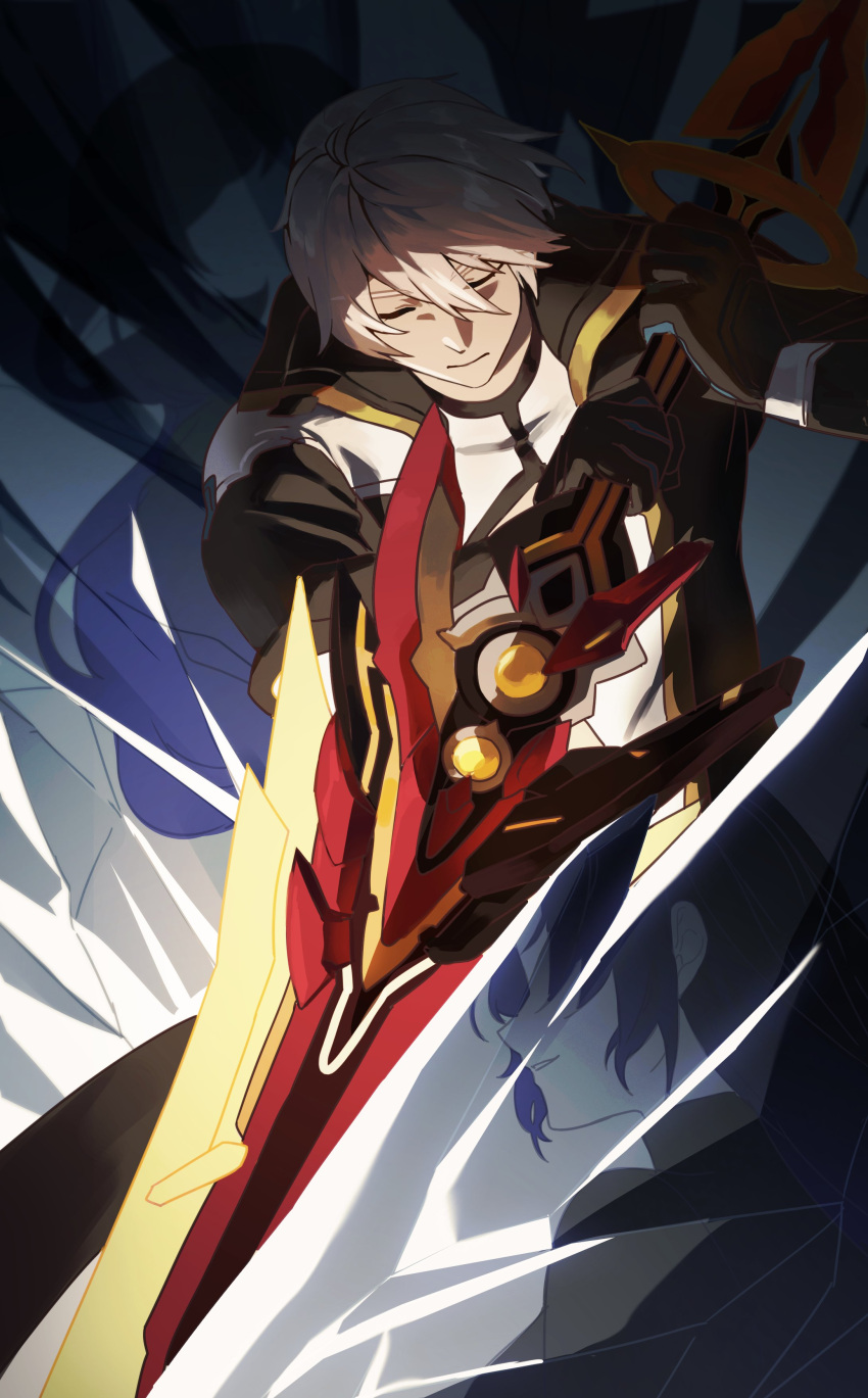 1boy, absurdres, amyucheu, bangs, black_coat, black_gloves, closed_eyes, closed_mouth