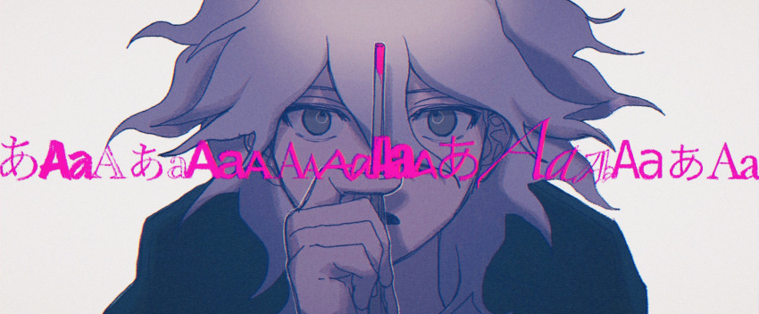 1boy, alphabet, bangs, blood, brown_eyes, danganronpa_(series), danganronpa_2:_goodbye_despair, grey_background