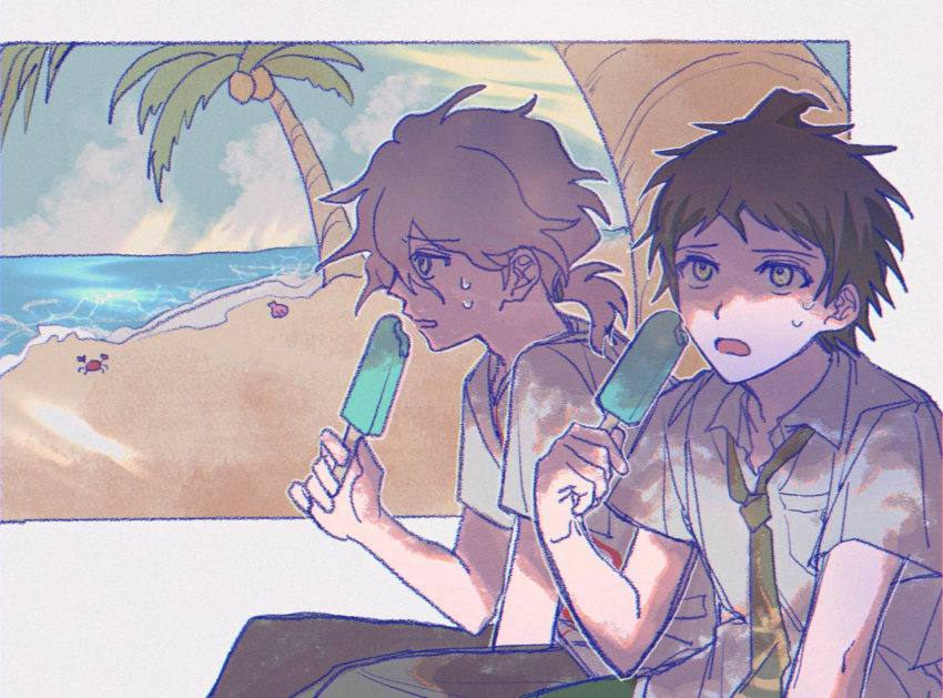 2boys, ahoge, bangs, beach, breast_pocket, brown_hair, brown_pants, danganronpa_(series), danganronpa_2:_goodbye_despair, eyebrows_visible_through_hair, food, green_necktie, grey_background, hair_between_eyes, harami_(qz48lr), highres, hinata_hajime, holding, komaeda_nagito, messy_hair, multiple_boys, necktie, no_jacket, ocean, open_mouth, palm_tree, pants, pocket, ponytail, shell, short_hair, short_sleeves, sitting, sweat, tree