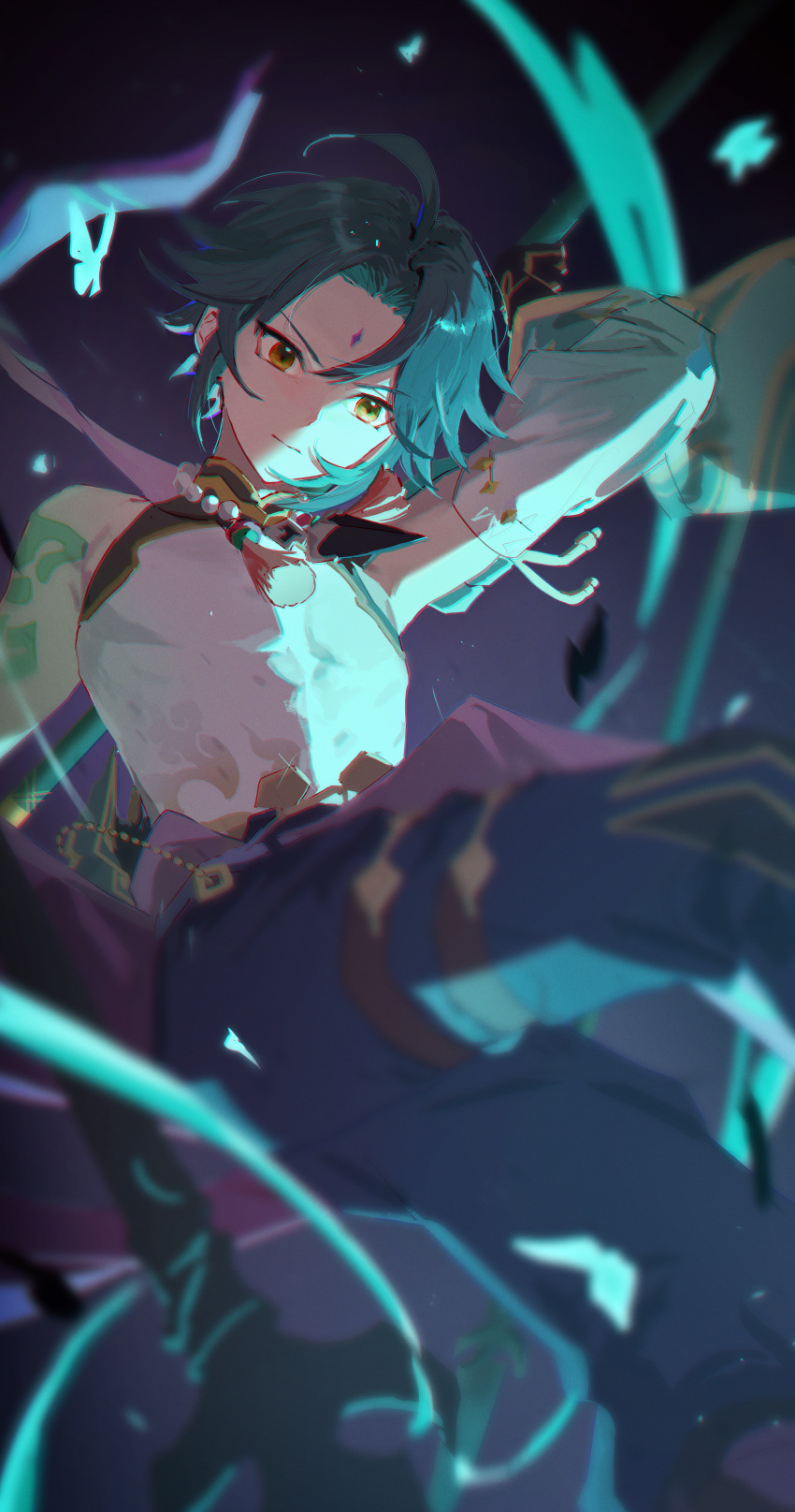 1boy, absurdres, ahoge, arm_tattoo, arm_up, bead_necklace, beads, black_gloves