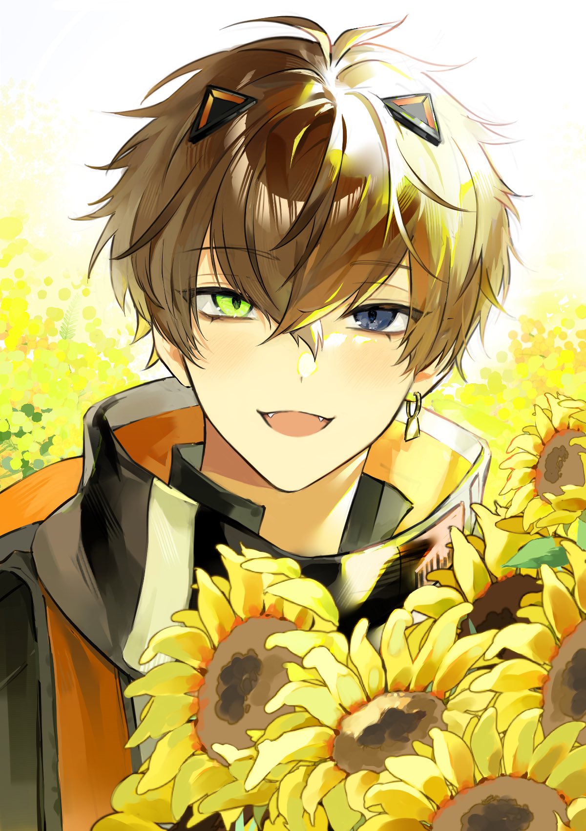 1boy, alban_knox, bangs, black_jacket, blue_eyes, bouquet, brown_hair, eyebrows_visible_through_hair