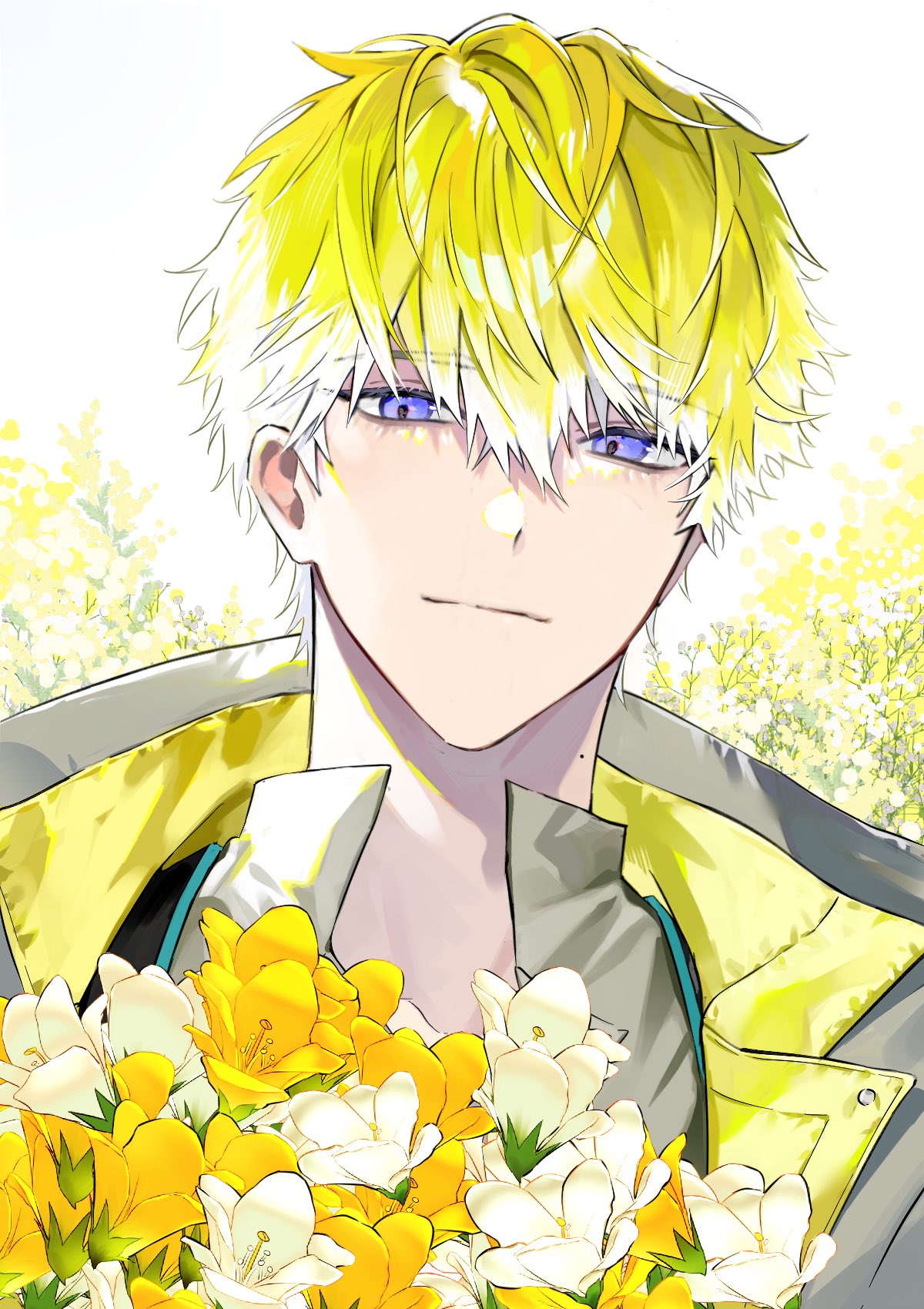 1boy, blonde_hair, bouquet, eyebrows_visible_through_hair, flower, grey_jacket, grey_shirt, hair_behind_ear