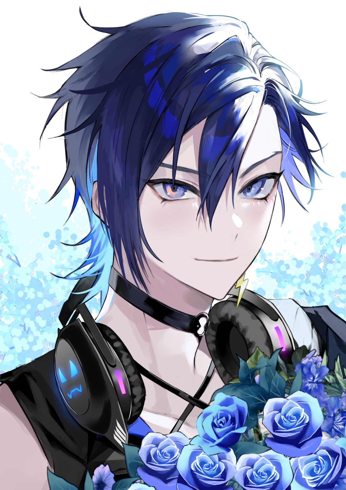 1boy, bangs, black_choker, black_shirt, blue_eyes, blue_flower, blue_hair, blue_rose