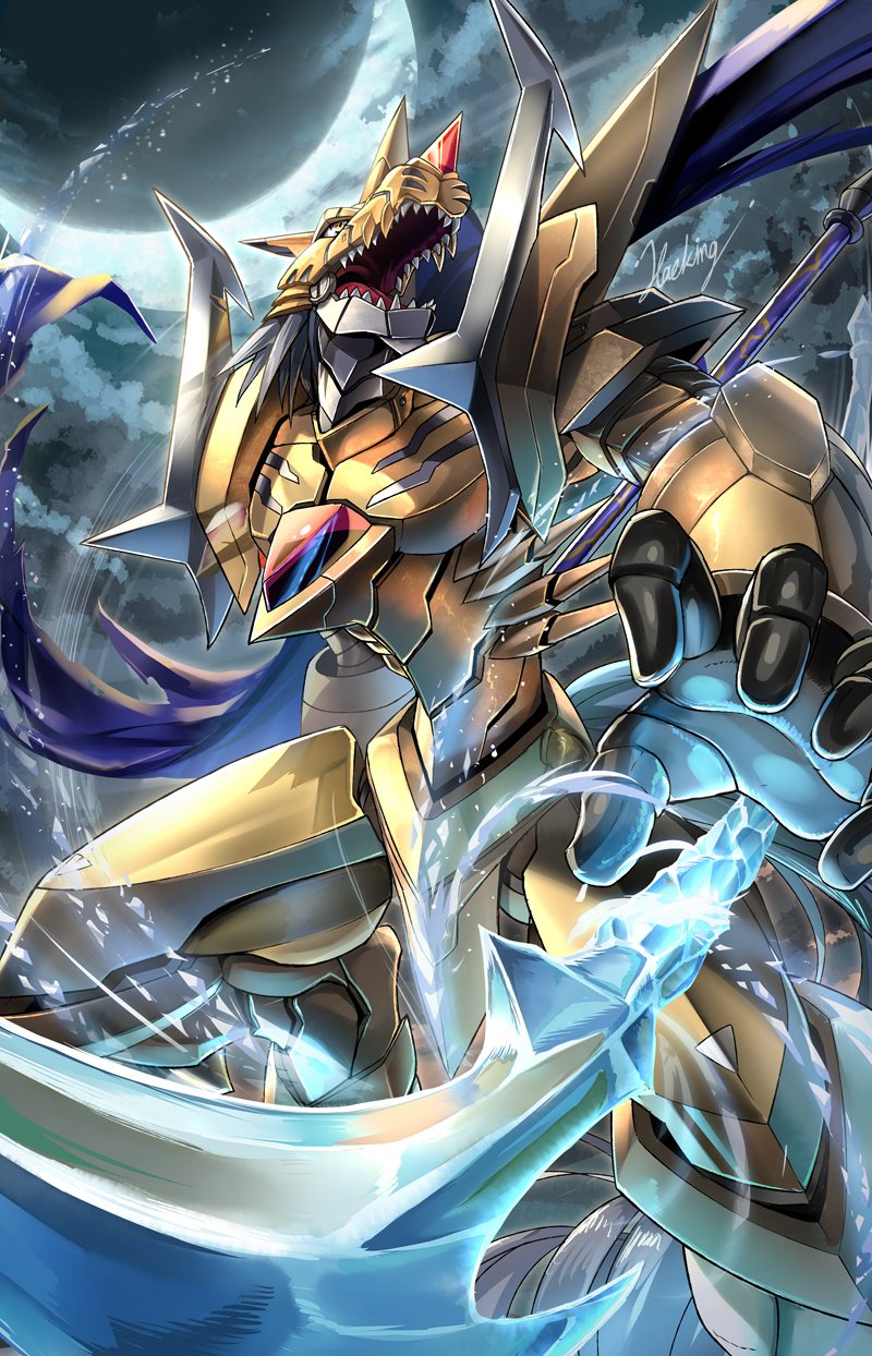 cresgarurumon, digimon, digimon_(creature), hawe_king, highres, ice, looking_up, moon, no_humans, open_hands, open_mouth, sharp_teeth, teeth, yellow_eyes