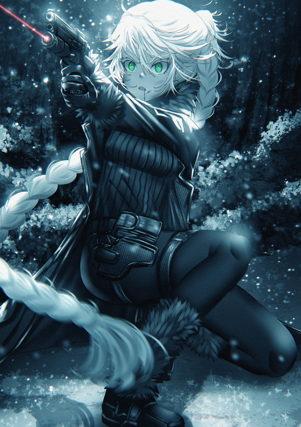 1girl, blood, boots, braid, coat, elf, fur-trimmed_boots, fur_trim