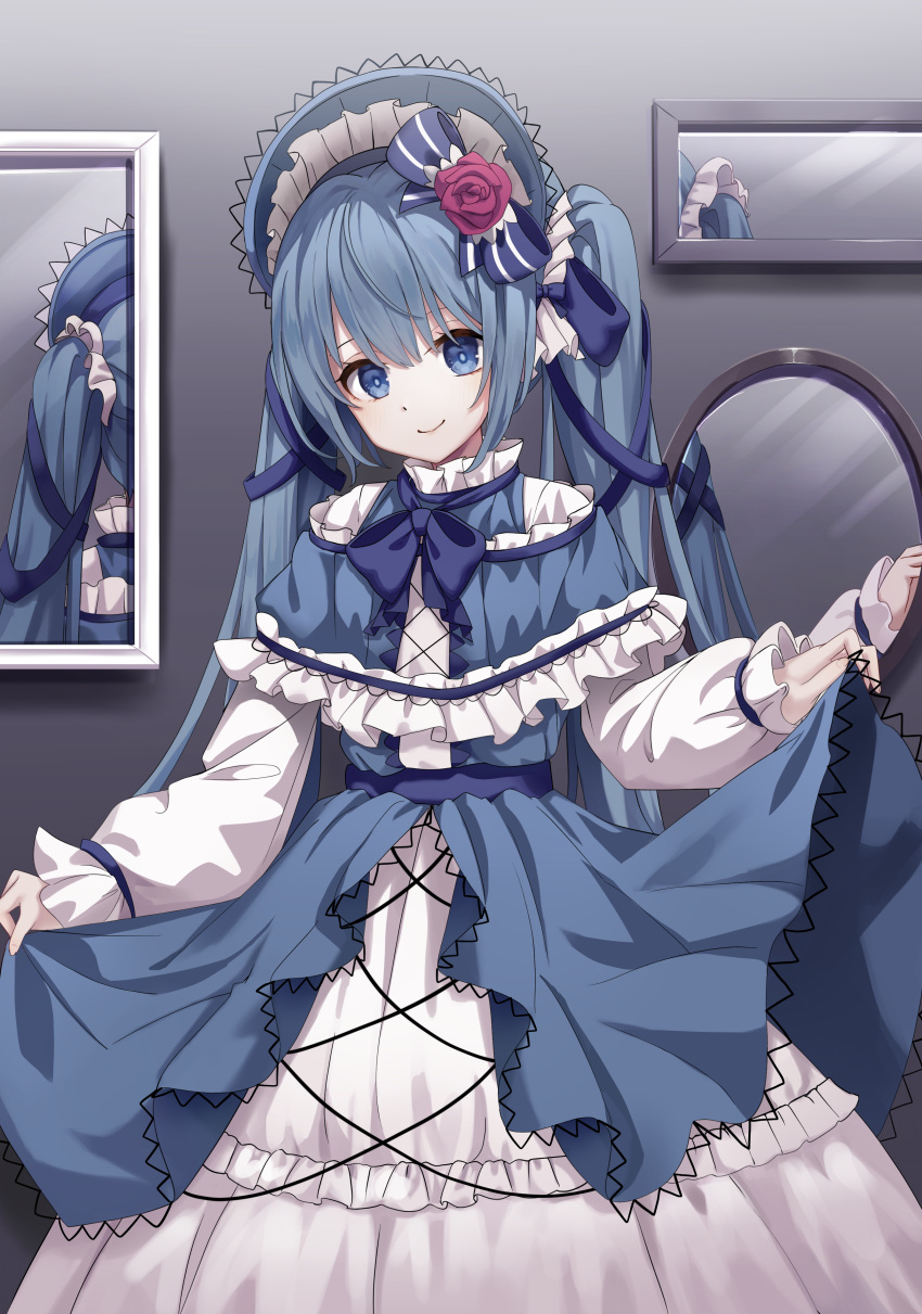 1girl, absurdres, aqua_hair, blue_eyes, bonnet, dress, gothic_lolita, hatsune_miku