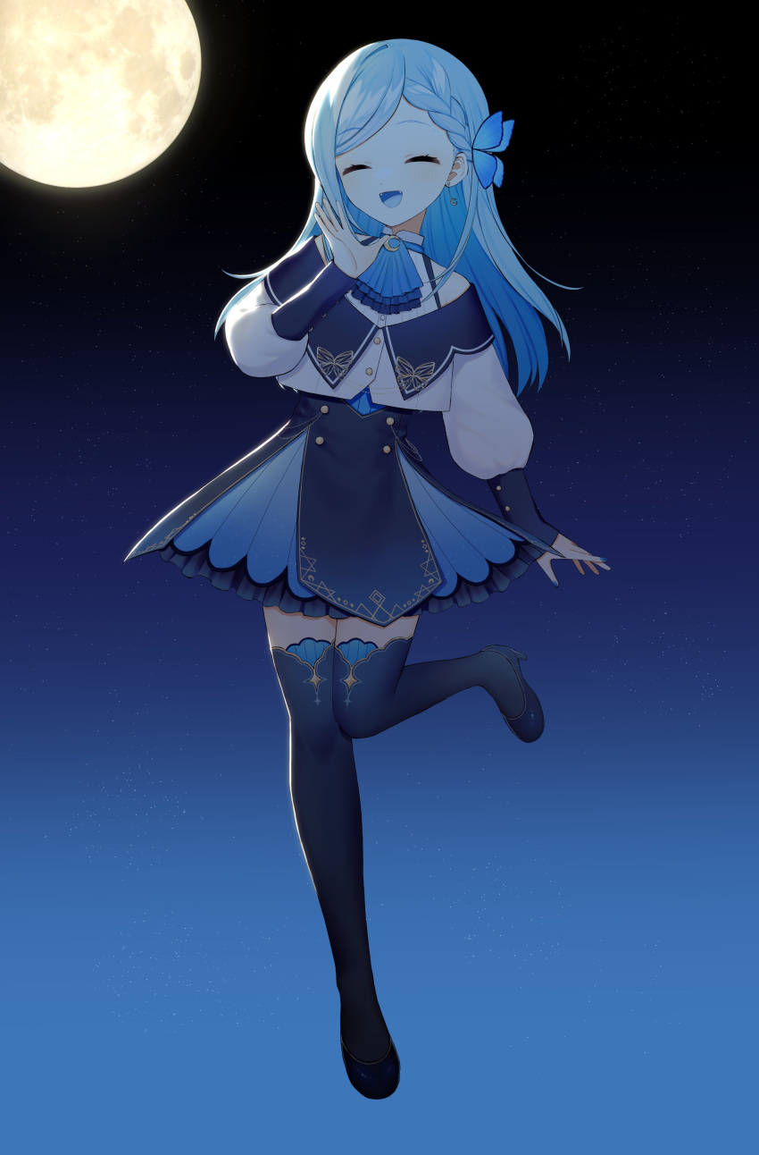 1girl, absurdres, blue_eyes, blue_hair, braid, butterfly_hair_ornament, choker, closed_eyes, dress, frilled_choker, frills, hair_ornament, highres, indie_virtual_youtuber, moon, night, official_art, pzmnb, smile, star_(sky), thigh-highs, tsukino_diana, virtual_youtuber, zettai_ryouiki