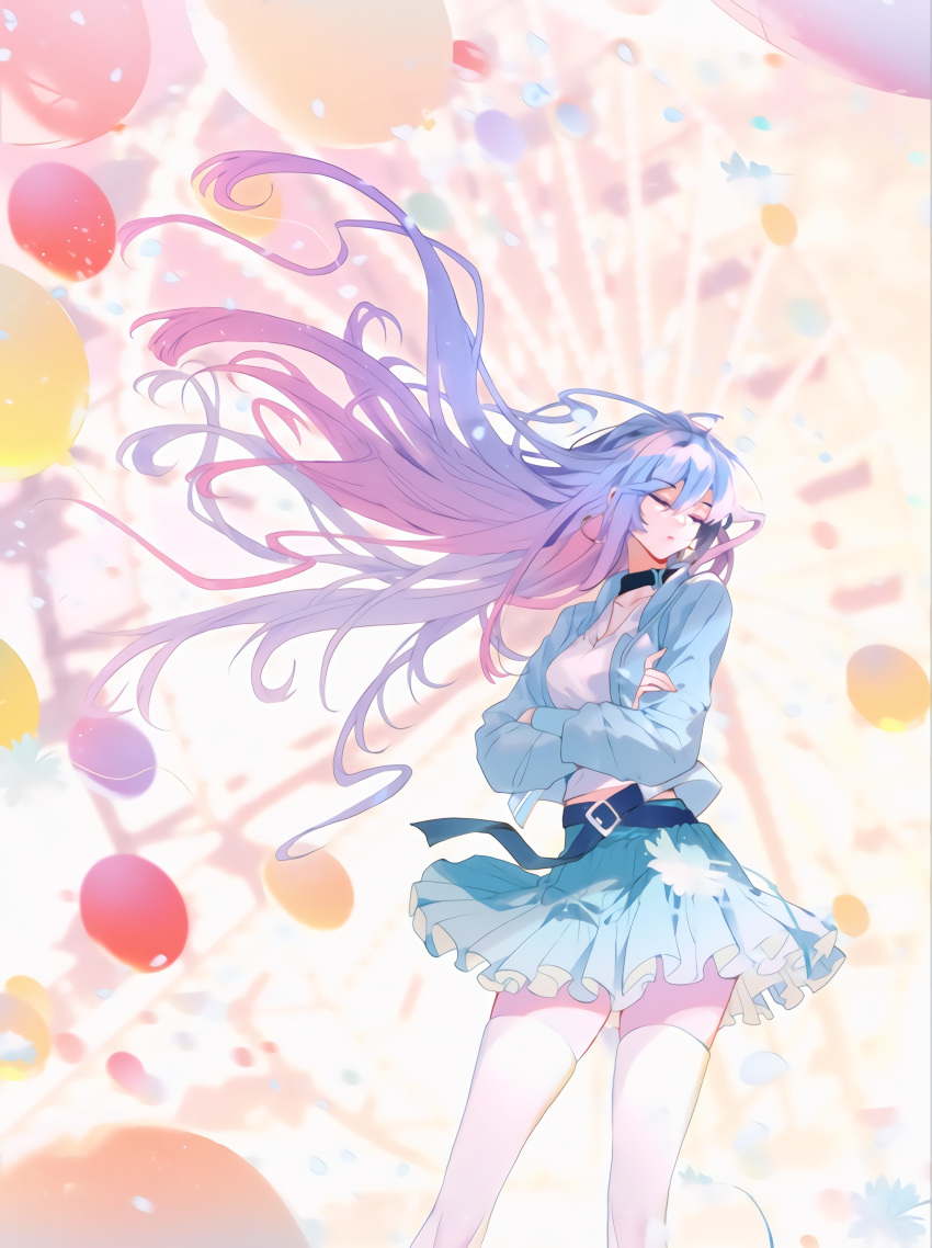 1girl, absurdres, balloon, belt, blue_jacket, blue_skirt, closed_eyes, closed_mouth