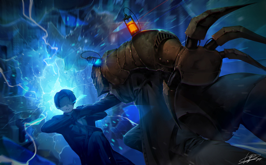 2boys, absurdres, asphyxiation, attack, baral_(library_of_ruina), black_hair, black_necktie, claw_(weapon)