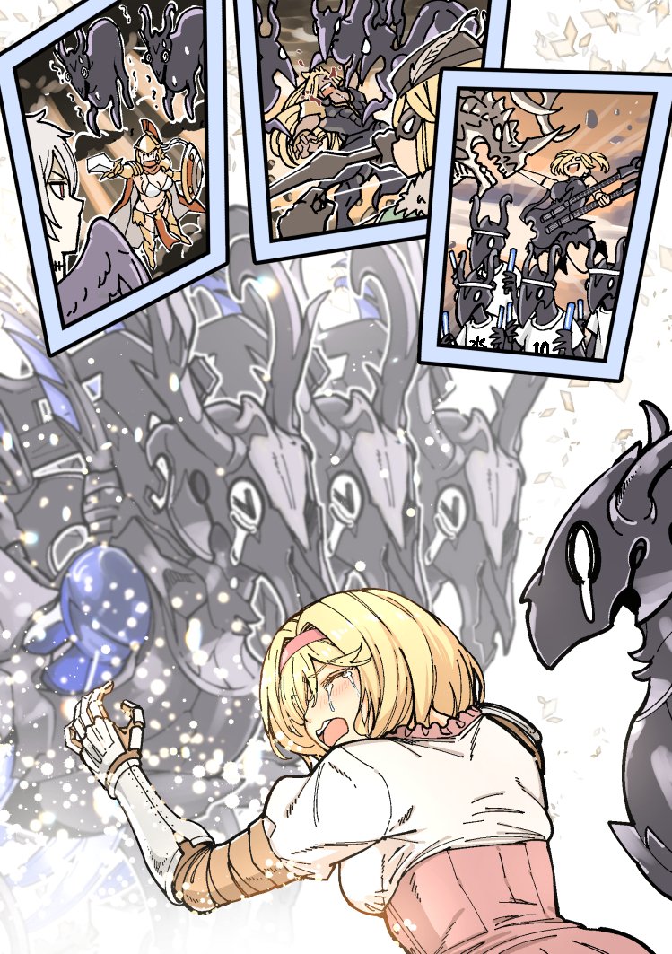 1girl, 2boys, bahamut_(shingeki_no_bahamut), beelzebub_(granblue_fantasy), blonde_hair, bow_(weapon), closed_eyes, crying
