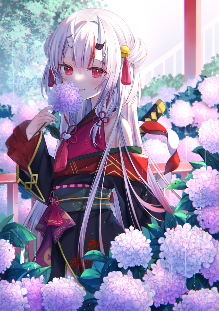 1girl, bell, blush, commentary_request, flower, hair_bell, hair_ornament, hair_ribbon