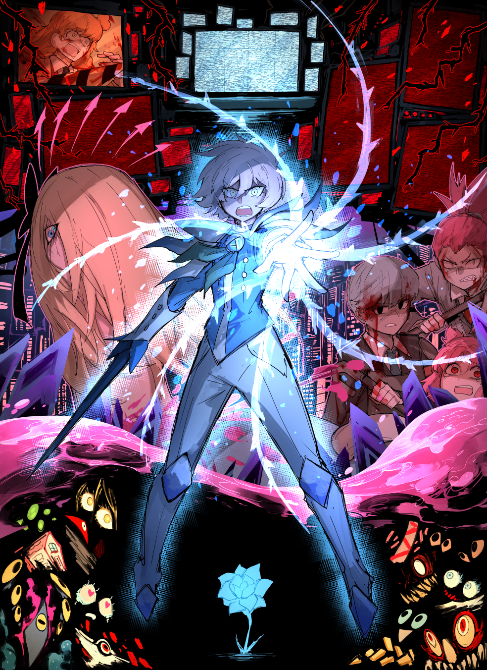 aura, beebi_(wonder_lab), blonde_hair, blood, blue_flower, blue_jacket, blue_rose, e.g.o_(project_moon), ella_(wonder_lab), eyes_in_shadow, finn_(wonder_lab), flower, grey_hair, highres, holding, holding_weapon, jacket, jelly, kan_(aaaaari35), long_hair, monitor, orange_eyes, pants, pink_hair, project_moon, rose, sharp_teeth, short_hair, static, taii_(wonder_lab), teeth, very_long_hair, weapon, white_pants, wonderlab