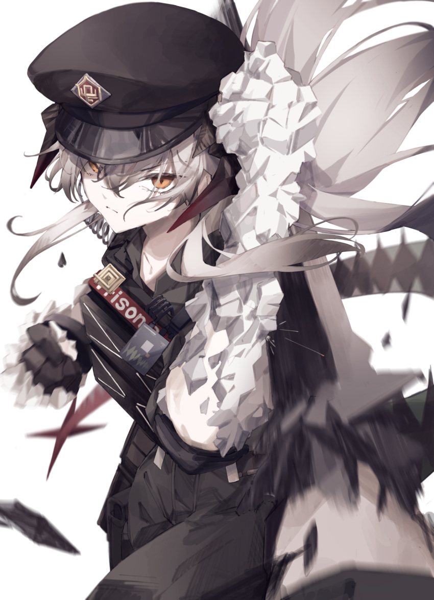1girl, ankoro_mochi, arknights, brown_eyes, closed_mouth, fingerless_gloves, frown, gloves