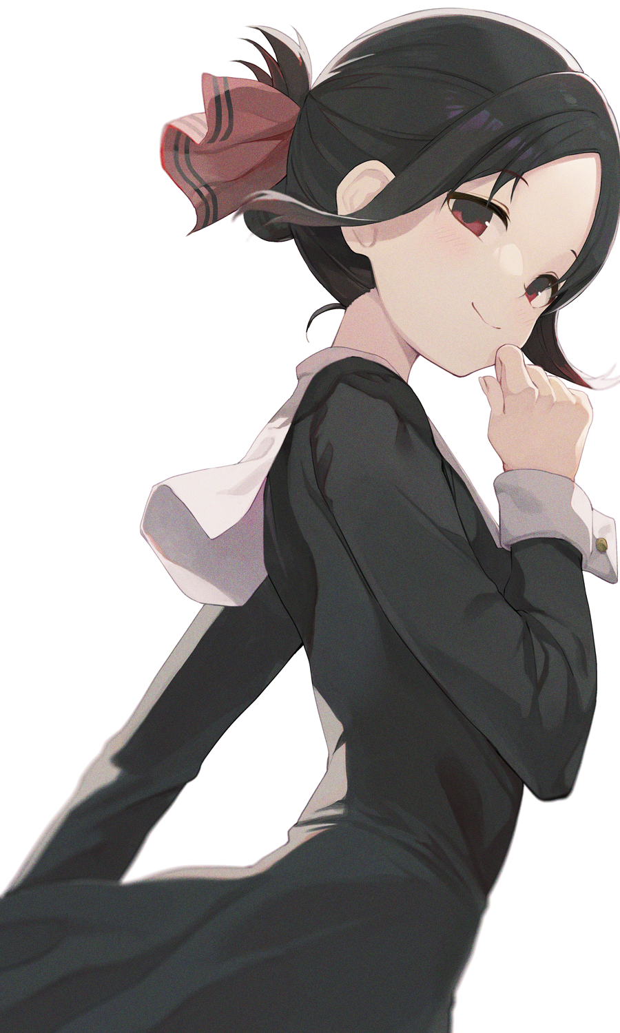 1girl, black_dress, black_hair, closed_mouth, dress, folded_ponytail, forehead, from_side