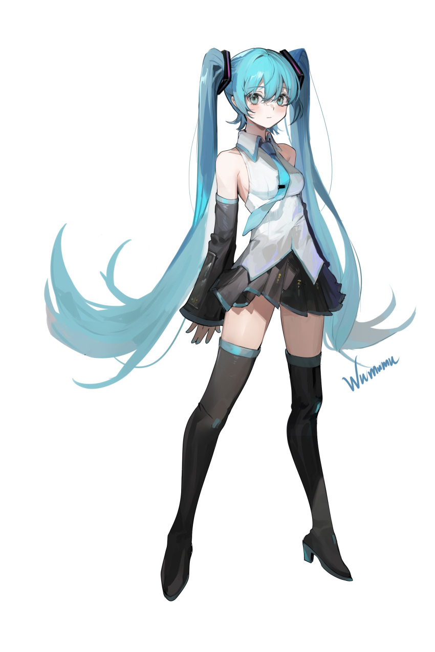 1girl, absurdres, aqua_eyes, aqua_hair, artist_name, bangs, bare_shoulders, black_footwear