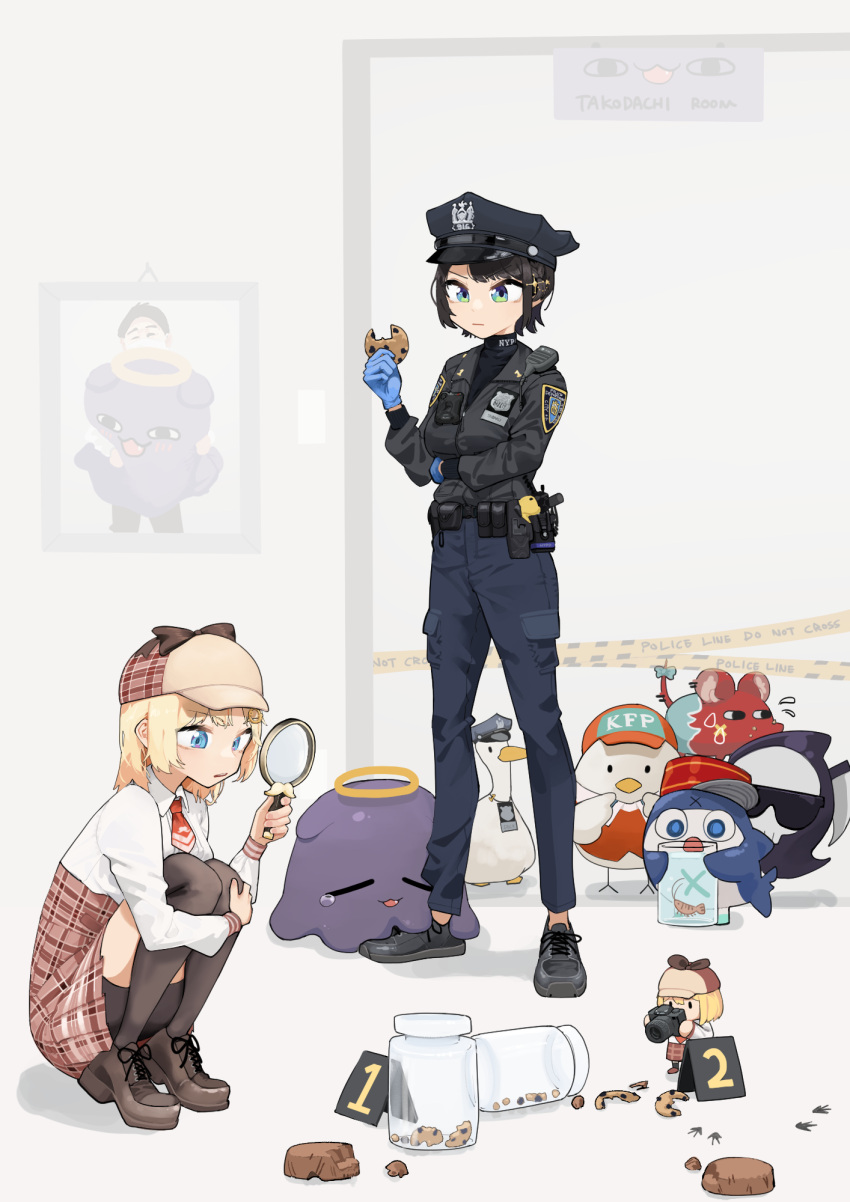 2girls, bangs, baton_(weapon), belt, black_belt, black_footwear, black_jacket, black_sweater