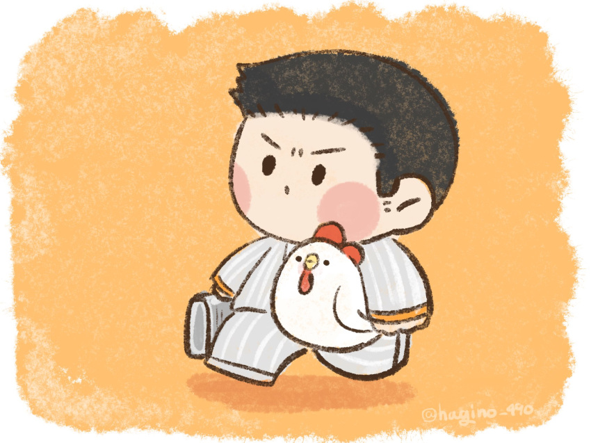 1boy, :o, animal, black_eyes, black_hair, blush_stickers, briefcase, chibi