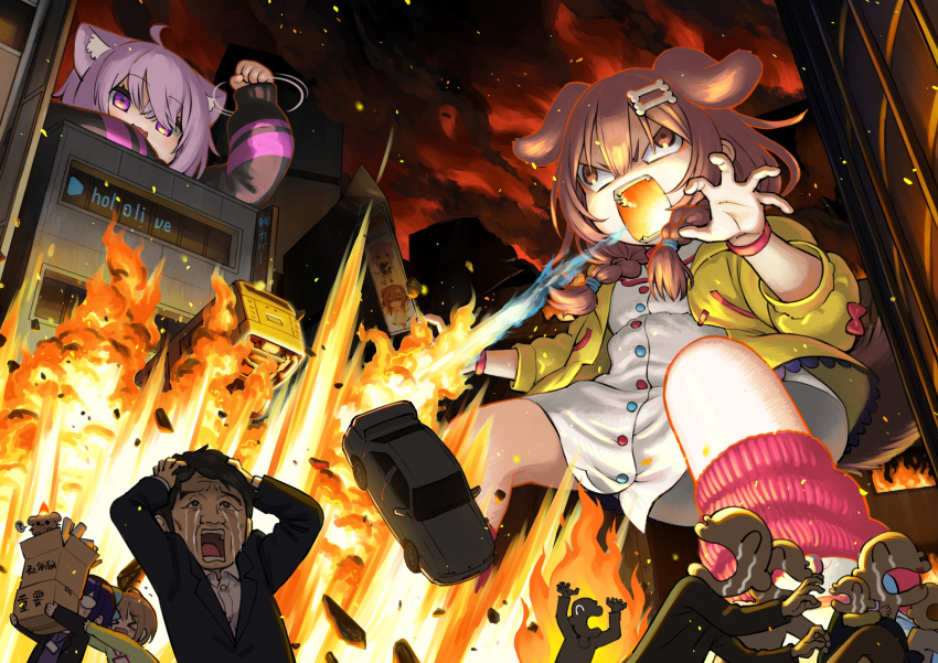>_<, a-chan_(hololive), absurdres, animal_ears, bone_hair_ornament, box, braid, breathing_fire, brown_eyes, brown_hair, building, car, cardboard_box, cat_ears, cat_girl, commentary, crying, destruction, dog_ears, dog_girl, dog_tail, embers, fire, giant, giantess, glasses, godzilla_(series), ground_vehicle, hair_ornament, hands_on_own_head, harusaki_nodoka, highres, hololive, inugami_korone, inugami_korone_(dog), jacket, listener_(inugami_korone), low_twin_braids, motor_vehicle, name_tag, opaque_glasses, open_mouth, parody, purple_hair, red_legwear, sabaku_chitai, streaming_tears, tail, tears, twin_braids, violet_eyes, virtual_youtuber, wall-eyed, wristband, yagoo, yellow_jacket
