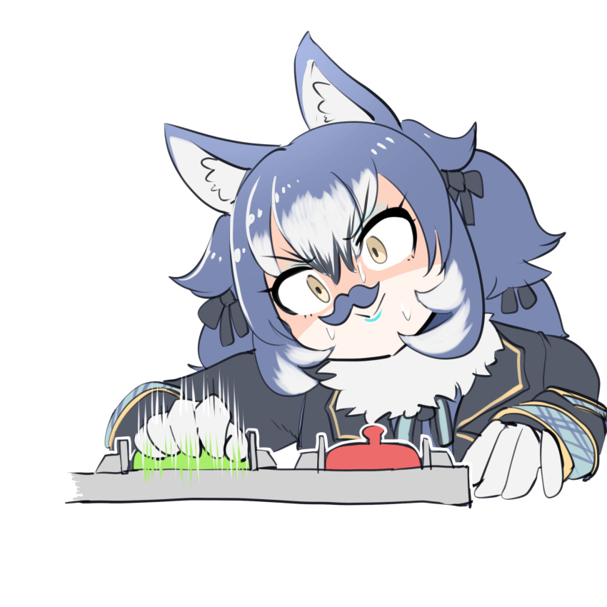 1girl, animal_costume, animal_ears, beard, closed_mouth, dire_wolf_(kemono_friends), facial_hair, gloves