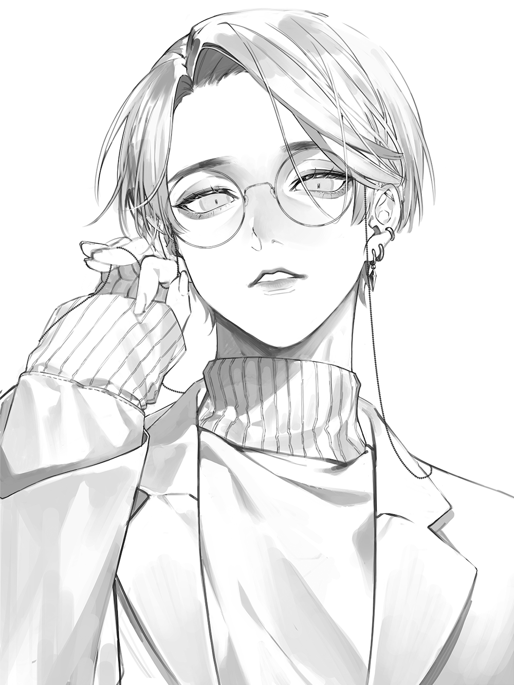 1boy, adjusting_eyewear, between_fingers, earrings, eyelashes, eyeshadow, eyewear_strap, glasses