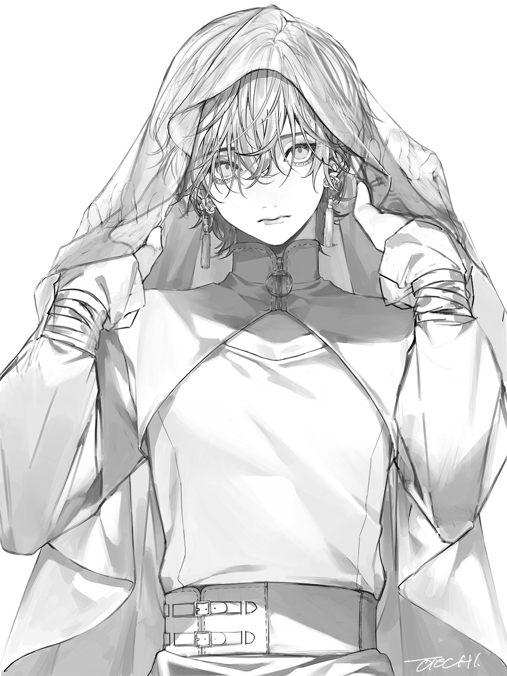 1boy, artist_name, bags_under_eyes, bangs, belt, closed_mouth, collarbone, earrings